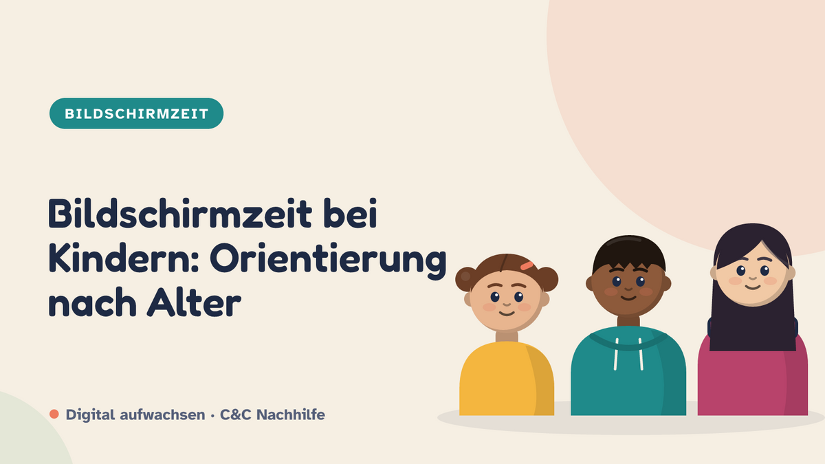 Titelbild: Bildschirmzeit bei Kindern, Orientierung nach Alter, drei Kinder im Kurs-Look