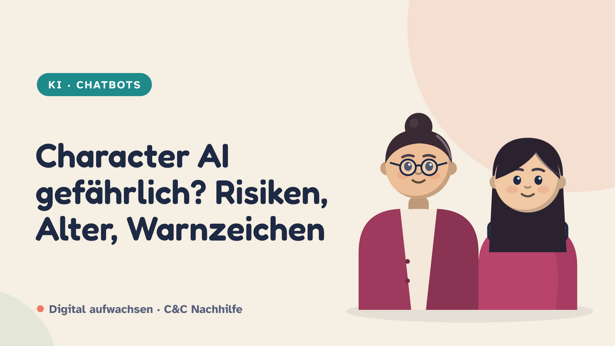 Titelbild: Character AI gefährlich? Risiken, Alter und Warnzeichen. Jugendliche und Mutter im Kurs-Look