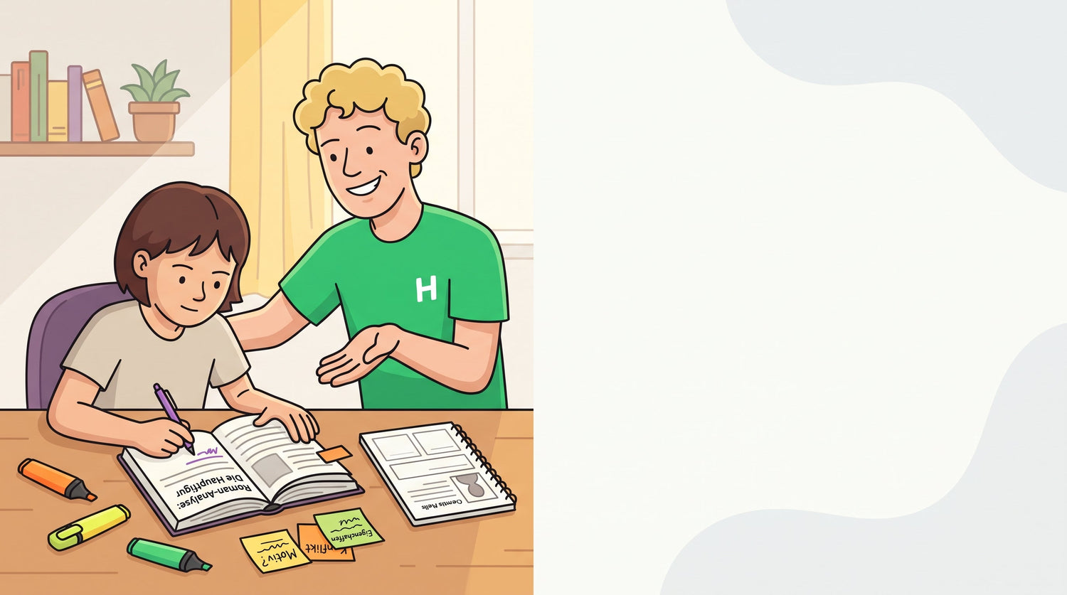 Schüler markiert mit bunten Textmarkern Textstellen im Buch, um Material für eine Charakterisierung zu sammeln