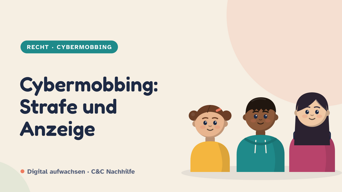 Titelbild: Cybermobbing, Strafe, Strafbarkeit und Anzeige. Drei Kinder im Kurs-Look