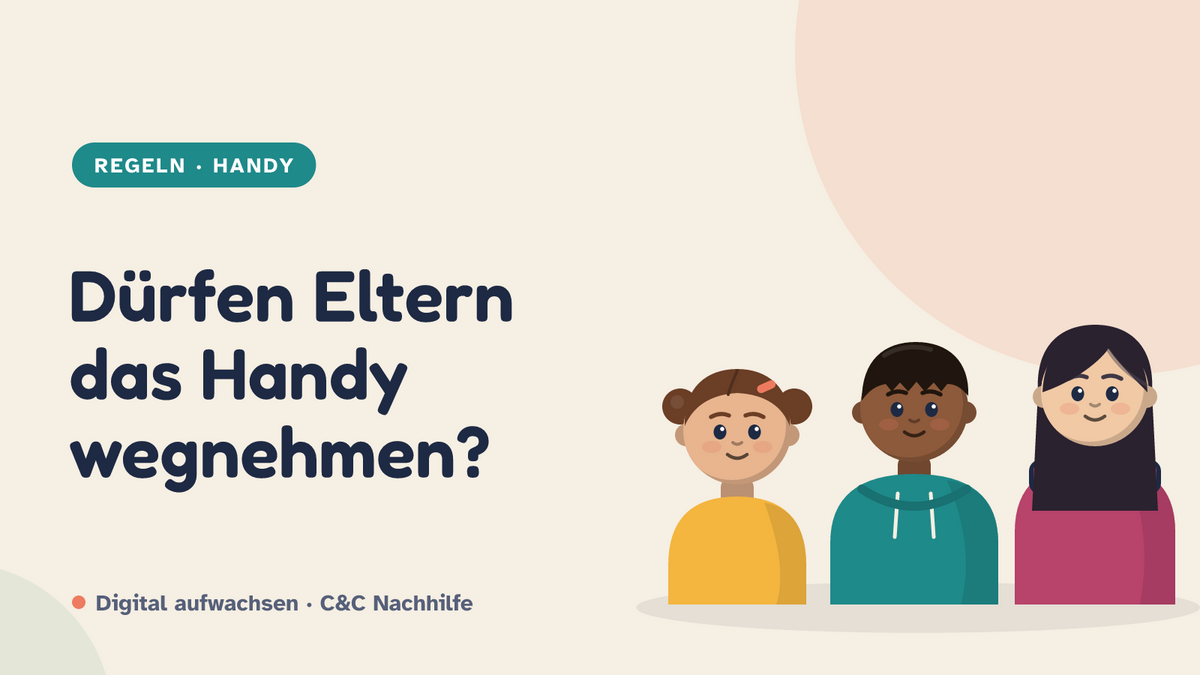 Titelbild: Dürfen Eltern das Handy wegnehmen? Recht, Strafe und Alternativen, drei Kinder im Kurs-Look