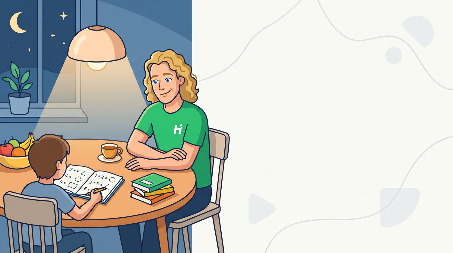 Nachhilfelehrer Heiko unterstützt ein Grundschulkind ruhig beim Rechnen am Küchentisch