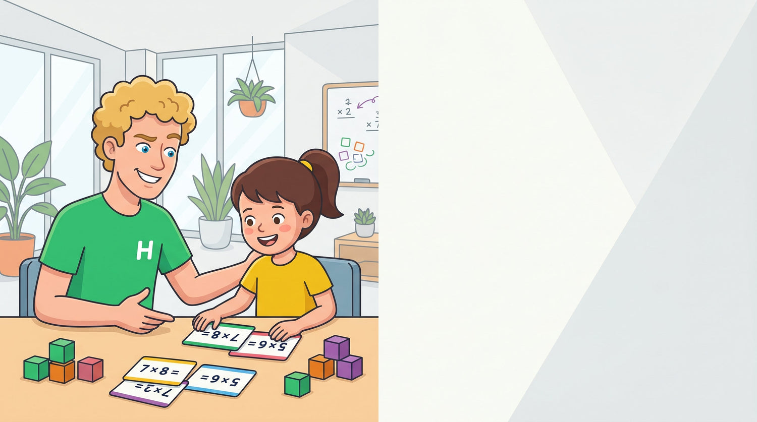 Nachhilfelehrer übt mit einem Grundschulkind das kleine Einmaleins mit Karteikarten