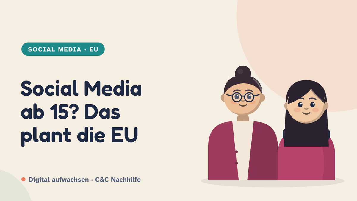 Titelbild: Social Media ab 15, das plant die EU für Kinder. Jugendliche und Mutter im Kurs-Look