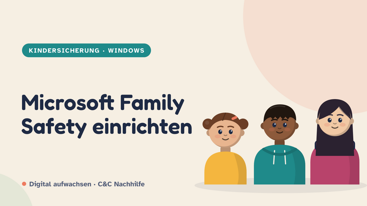 Titelbild: Microsoft Family Safety einrichten, drei Kinder im Kurs-Look