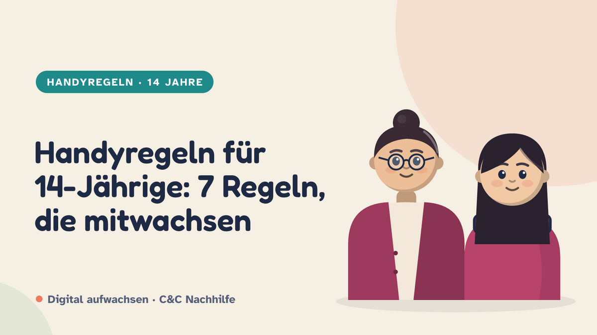 Titelbild: Handyregeln für 14-Jährige, sieben Regeln die mitwachsen. Mutter und Tochter im Kurs-Look