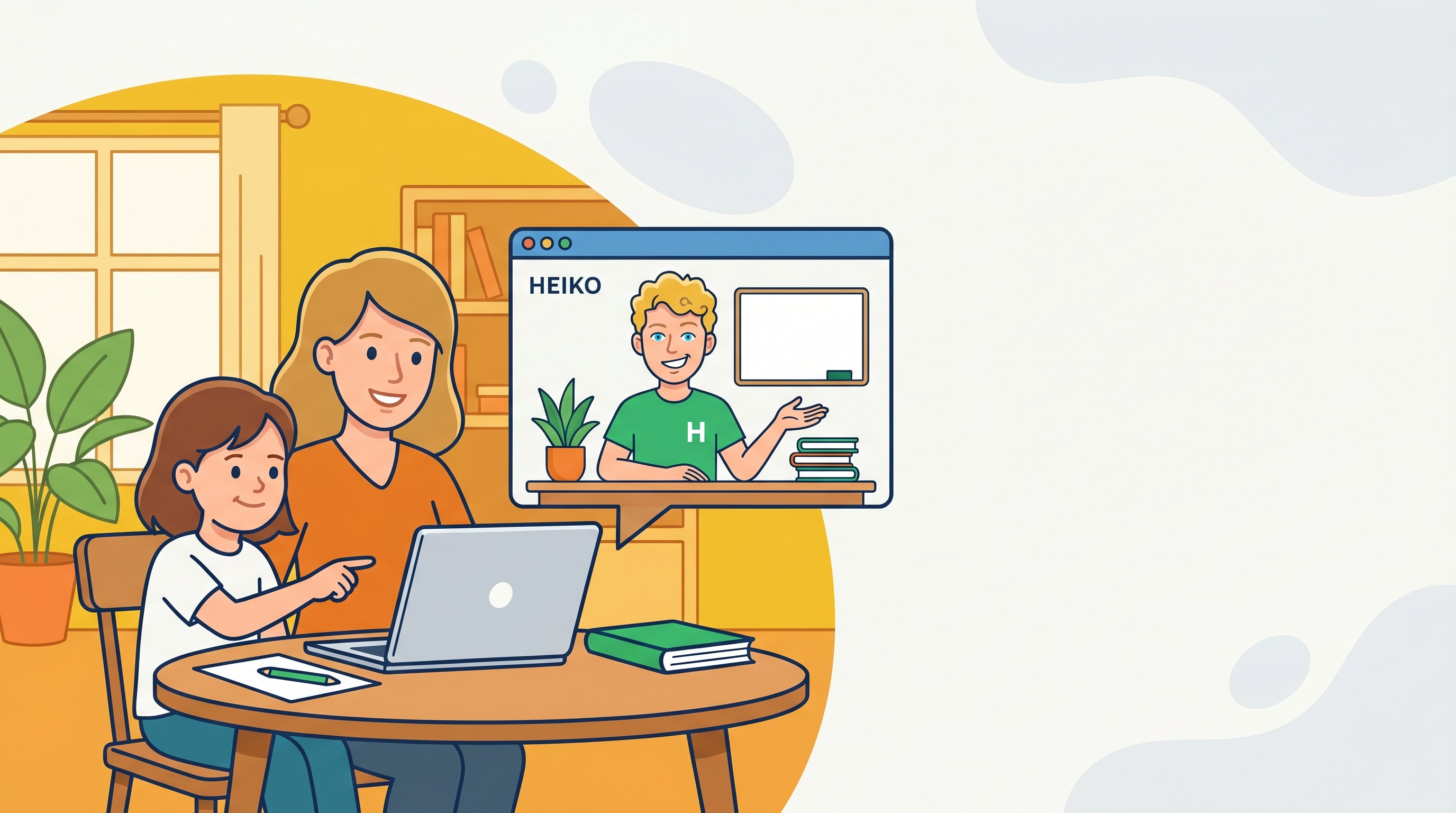 Mutter und Kind bei Online-Nachhilfe am Laptop zu Hause im Videocall mit dem Nachhilfelehrer