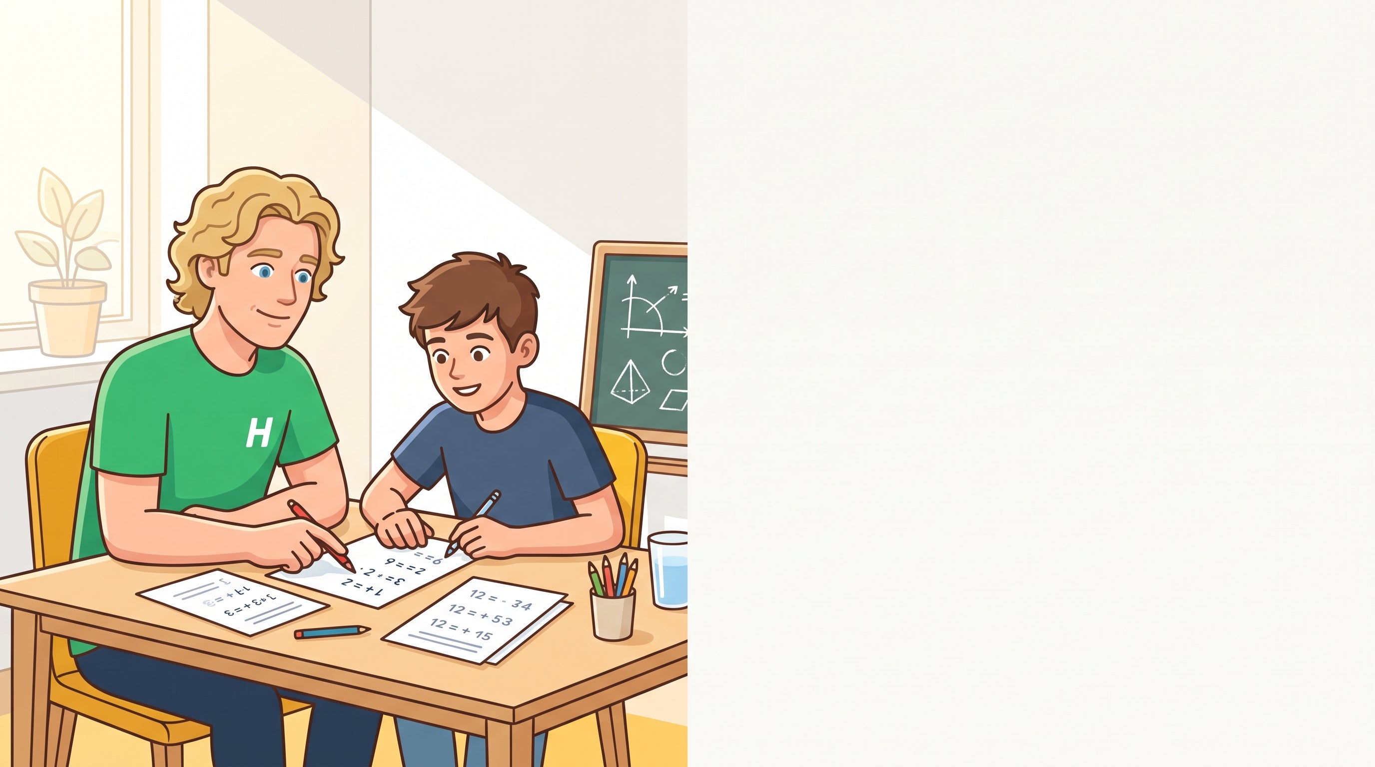 Nachhilfelehrer erklärt einem Jugendlichen bei privater Mathe-Nachhilfe eine Aufgabe am Tisch