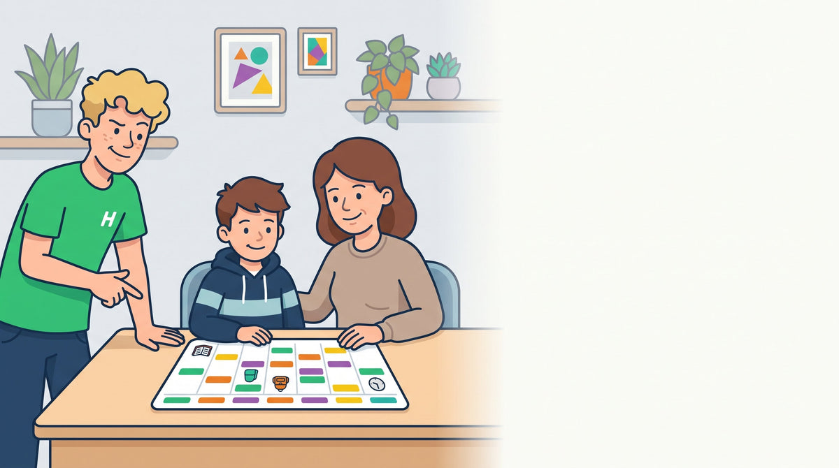 Elternteil und Kind erstellen gemeinsam einen Lernplan für die nächste Klassenarbeit an einem Wochenkalender