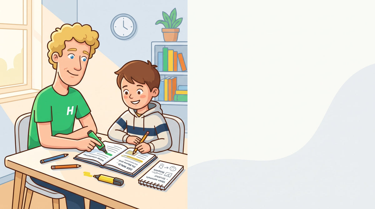 Privater Nachhilfelehrer arbeitet mit einem Kind an einem deutschen Text