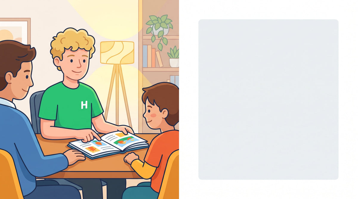 Elternteil unterstützt ein Kind der fünften Klasse ruhig bei der Vorbereitung auf die erste Klassenarbeit