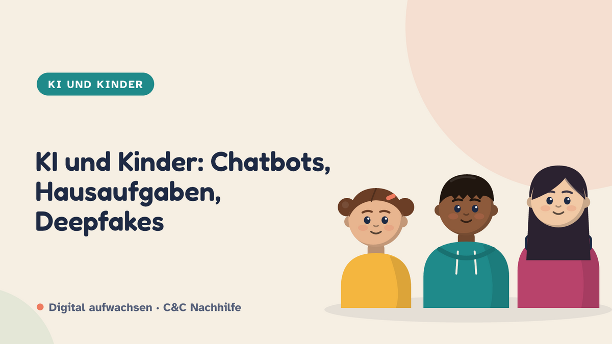 Titelbild: KI und Kinder, Chatbots, Hausaufgaben und Deepfakes im Alltag, Kinder im Kurs-Look