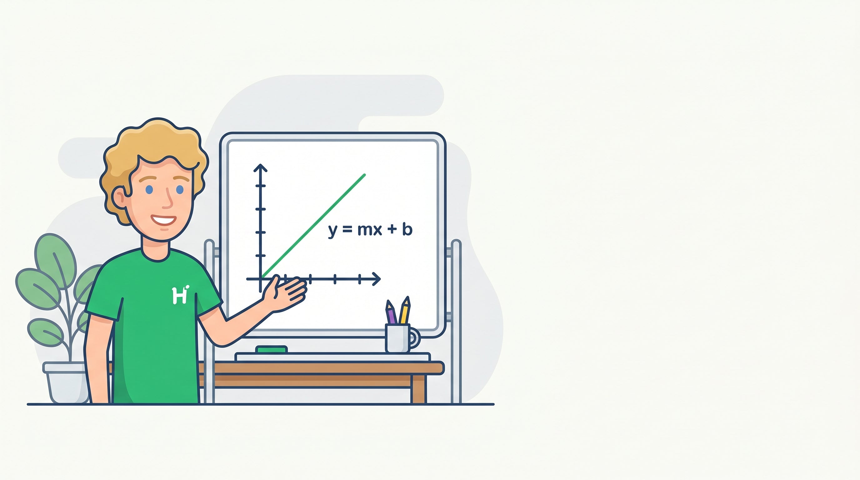 Nachhilfelehrer erklaert am Whiteboard die Formel einer linearen Funktion y gleich m mal x plus b mit ansteigender Gerade im Koordinatensystem