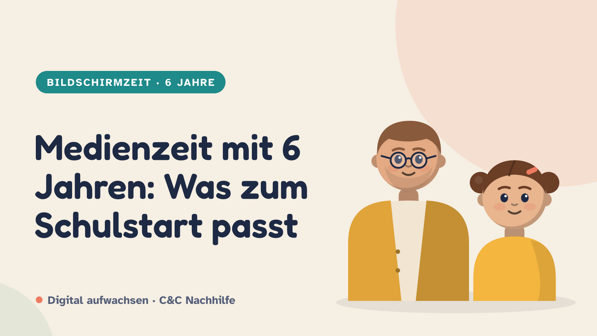 Titelbild: Medienzeit mit 6 Jahren, was zum Schulstart passt, Kind und Elternteil im Kurs-Look
