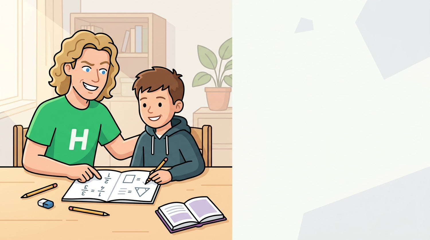 Nachhilfelehrer hilft einem Kind der Mittelstufe bei Mathe-Aufgaben am Tisch