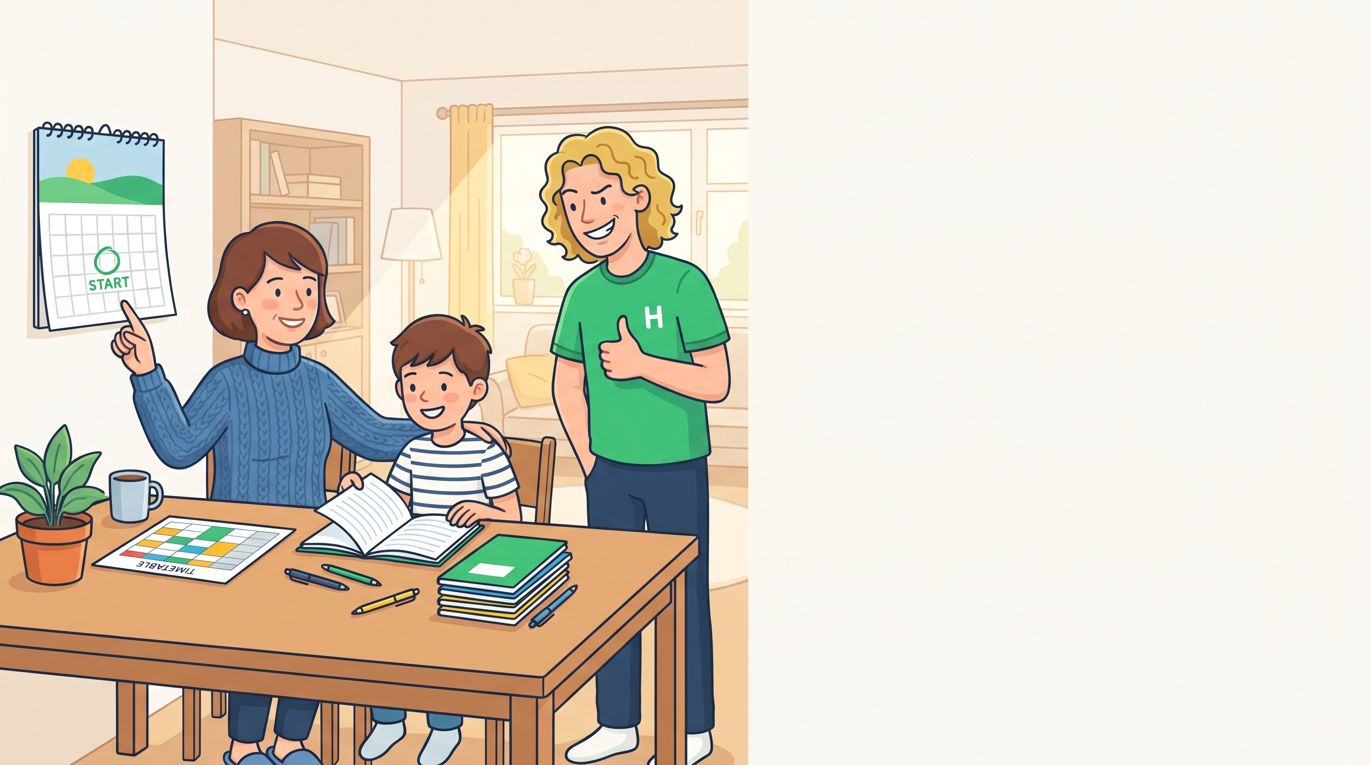 Elternteil und Kind planen zum Schuljahresbeginn gemeinsam am Tisch, ob Nachhilfe jetzt sinnvoll ist