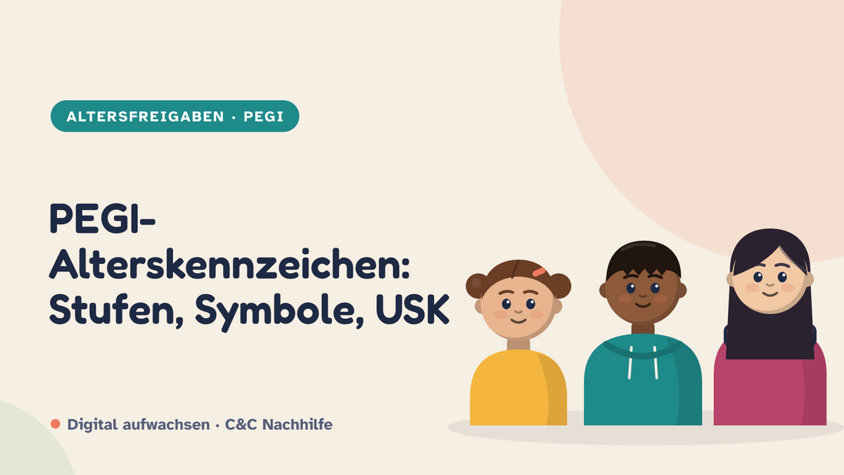 Titelbild: PEGI-Alterskennzeichen erklärt, drei Kinder im Kurs-Look
