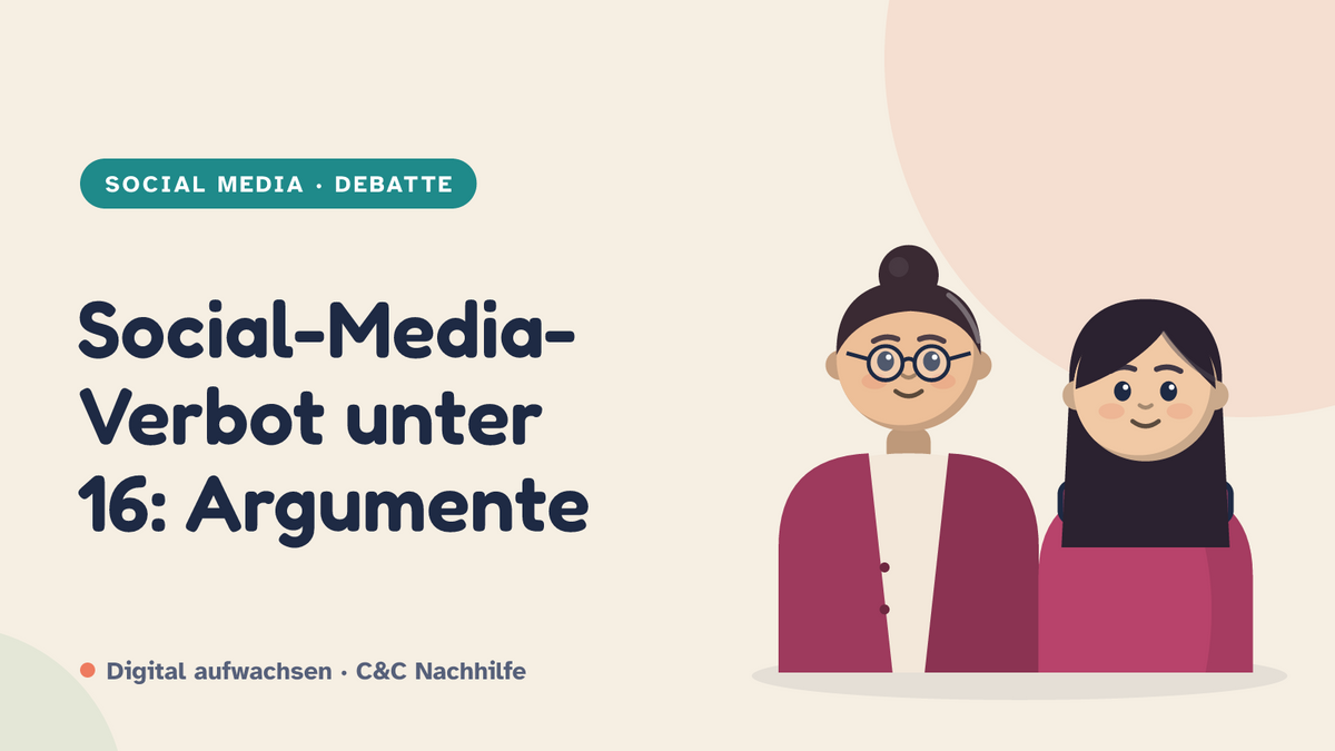 Titelbild: Social-Media-Verbot unter 16, Argumente dafür und dagegen. Mutter und Tochter im Kurs-Look