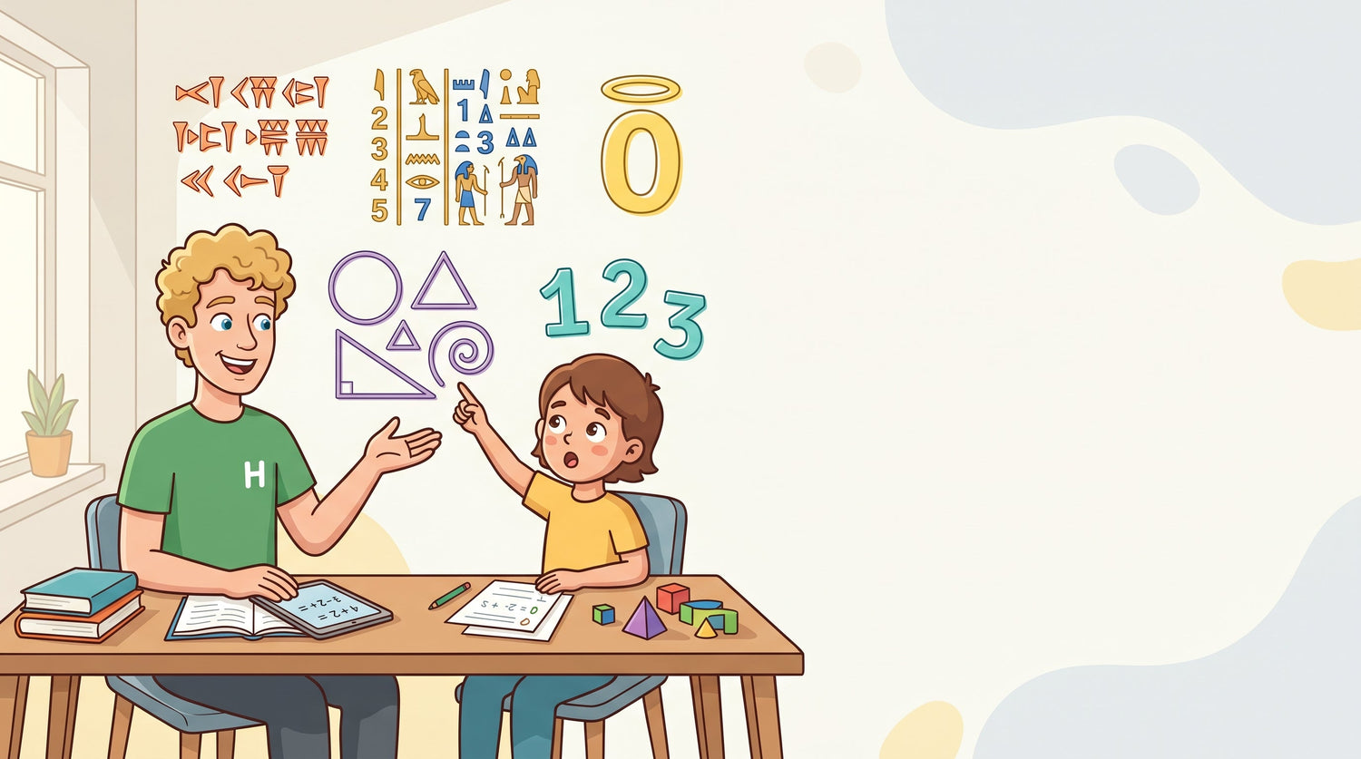 Kind entdeckt mit einem Nachhilfelehrer Zahlzeichen aus verschiedenen Kulturen der Mathematik-Geschichte