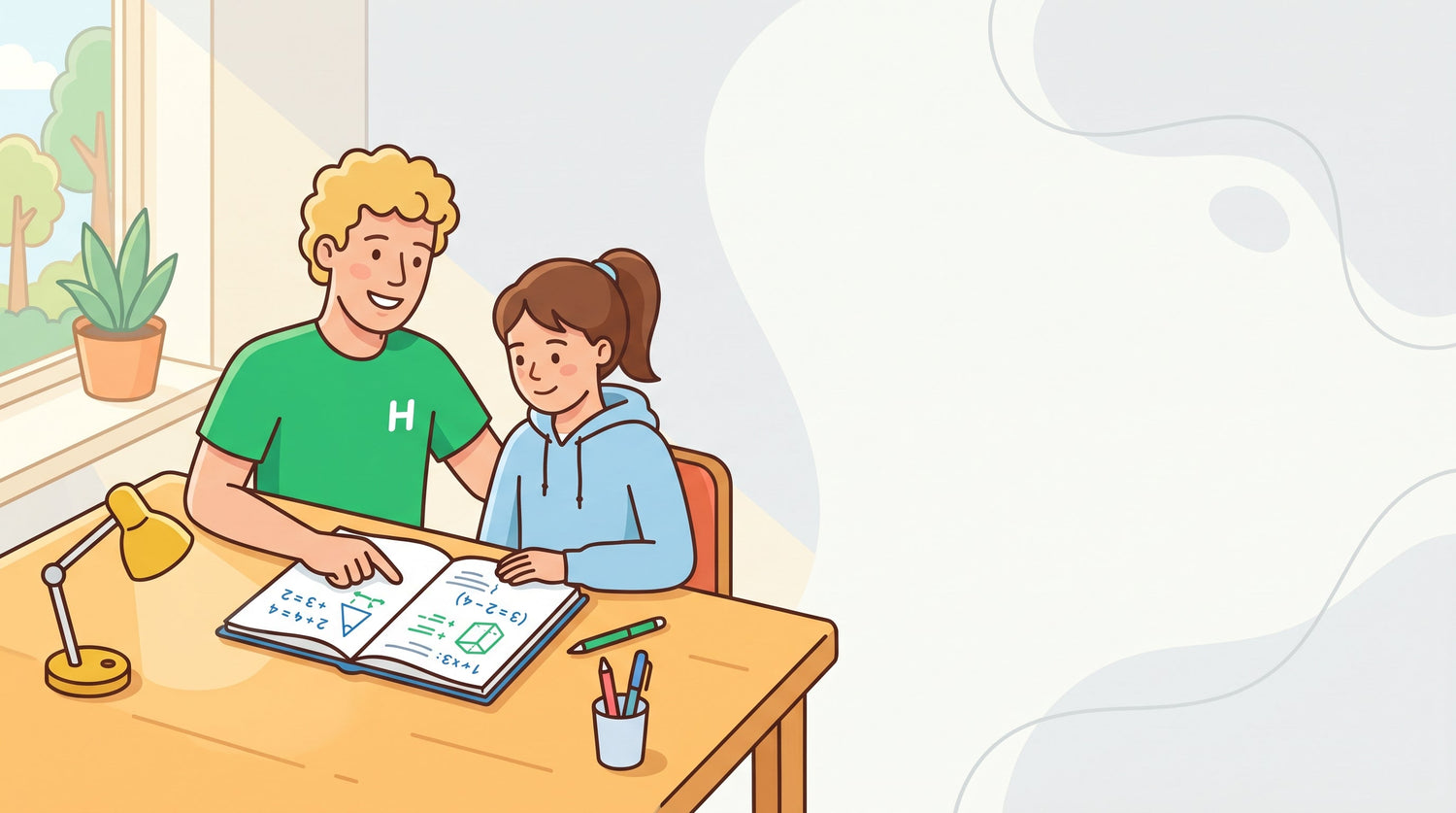 Nachhilfelehrer und Schuelerin lernen gemeinsam Mathe an einem Tisch zu Hause