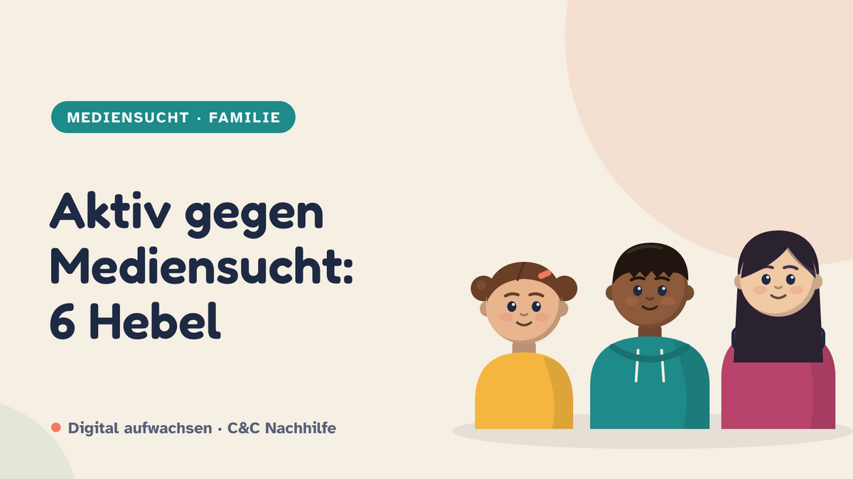 Titelbild: Aktiv gegen Mediensucht, sechs Dinge, die Familien selbst tun können. Drei Kinder im Kurs-Look