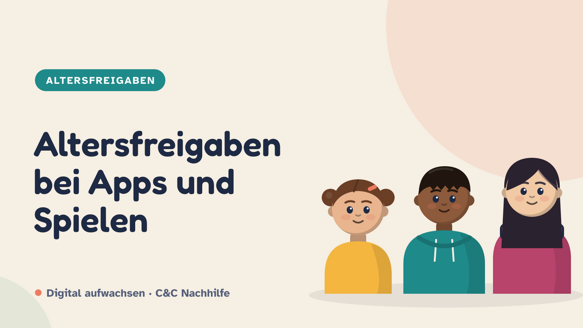 Titelbild: Altersfreigaben bei Apps und Spielen, drei Kinder im Kurs-Look