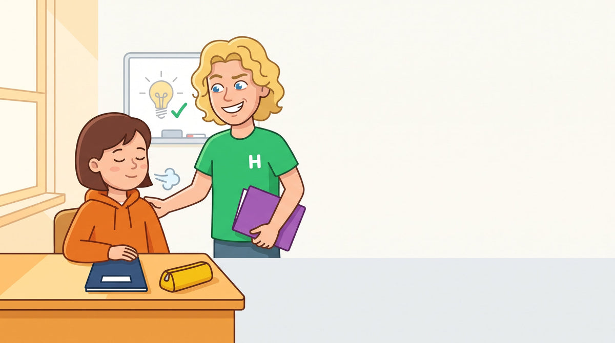 Kind atmet vor einer Klassenarbeit ruhig durch, Nachhilfelehrer steht unterstützend daneben