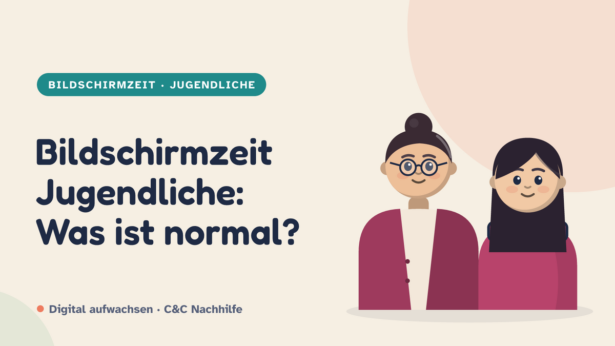Titelbild: Bildschirmzeit bei Jugendlichen, was ist normal und wann hinschauen, Jugendliche mit Mutter im Kurs-Look