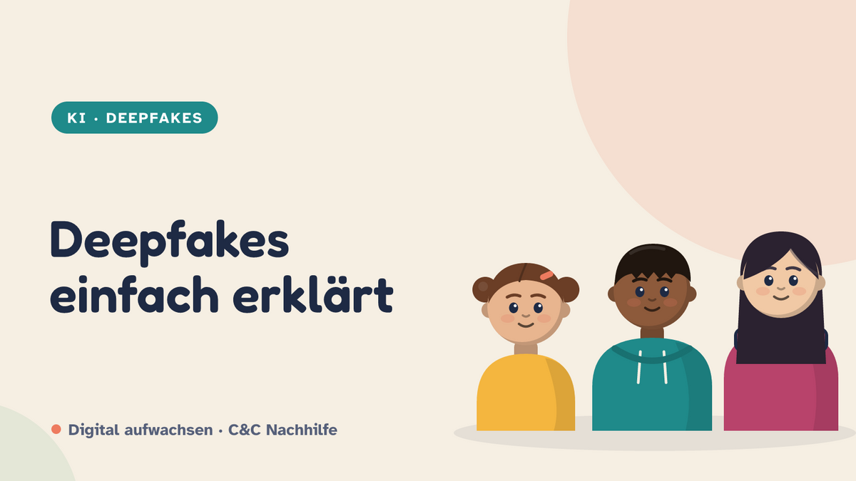 Titelbild: Deepfakes einfach erklärt für Eltern. Drei Kinder im Kurs-Look