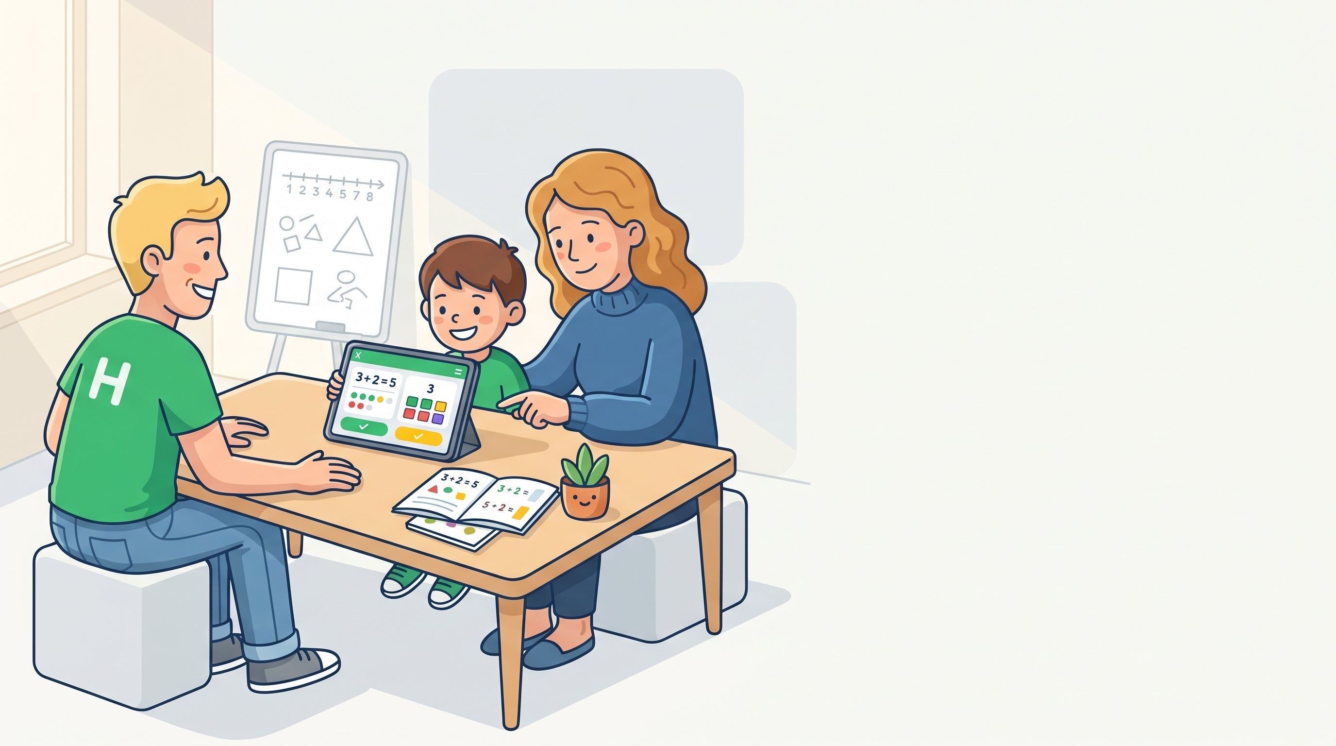 Kind übt Mathe mit einer Lern-App auf dem Tablet, ein Elternteil sitzt unterstützend daneben