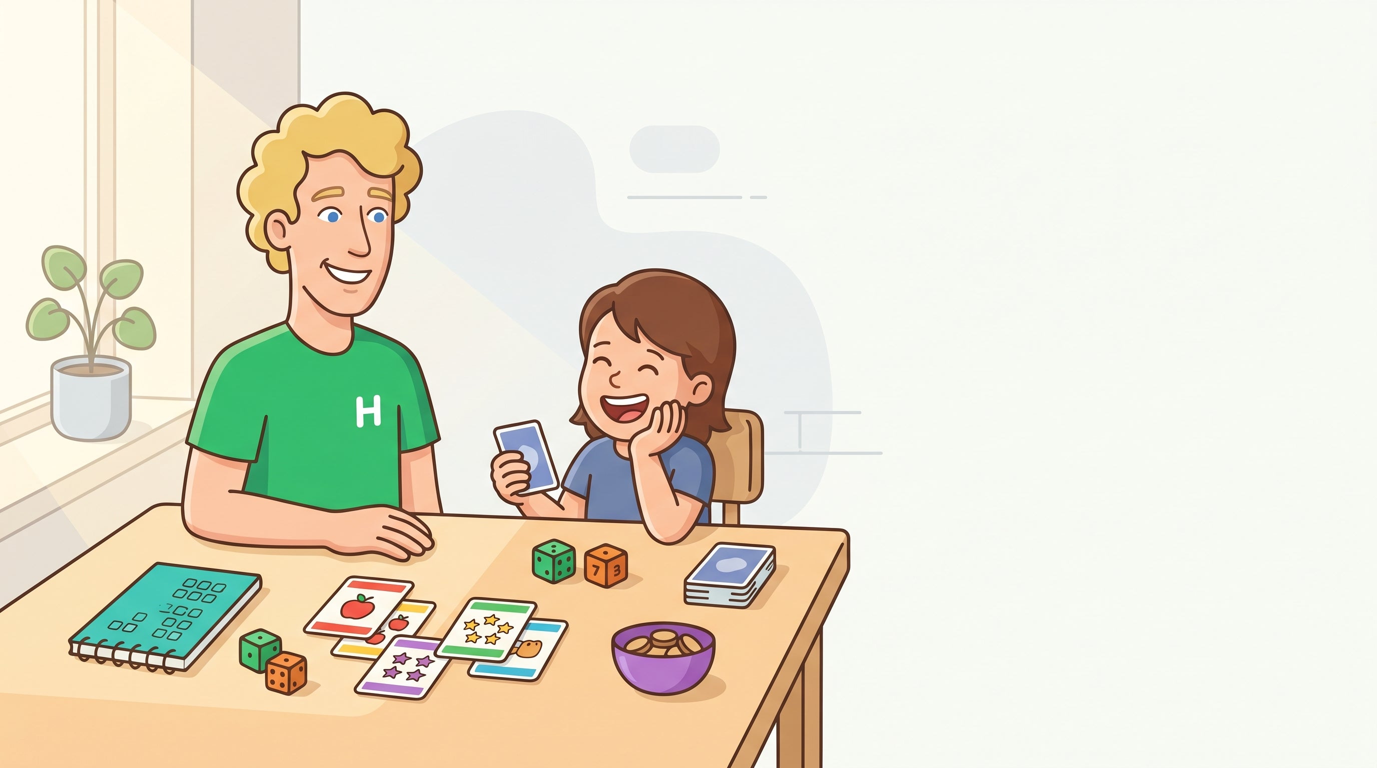 Nachhilfelehrer spielt mit einem Grundschulkind ein Einmaleins-Spiel mit Karten und Wuerfeln