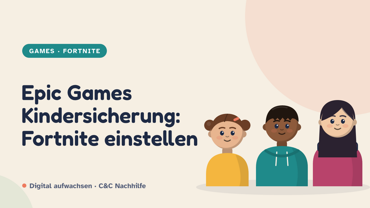 Titelbild: Epic Games Kindersicherung für Fortnite einstellen. Drei Kinder im Kurs-Look