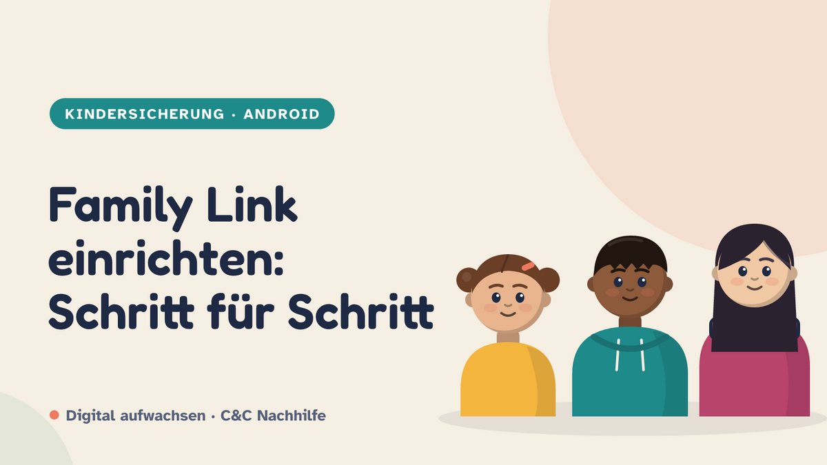 Titelbild: Family Link einrichten, drei Kinder im Kurs-Look