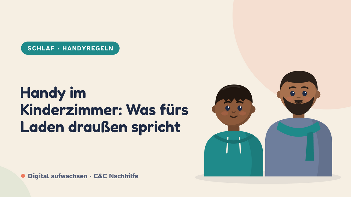 Titelbild: Handy im Kinderzimmer. Vater und Kind im Kurs-Look