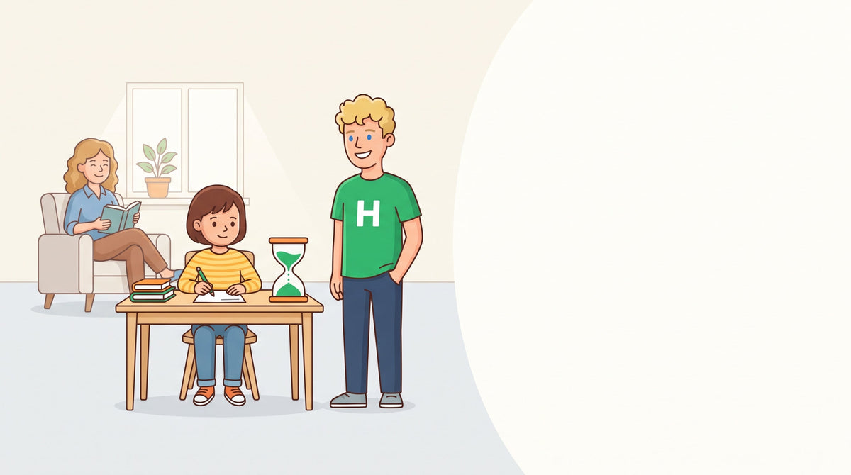 Kind macht konzentriert Hausaufgaben mit einem sichtbaren Timer, Elternteil im Hintergrund bleibt entspannt