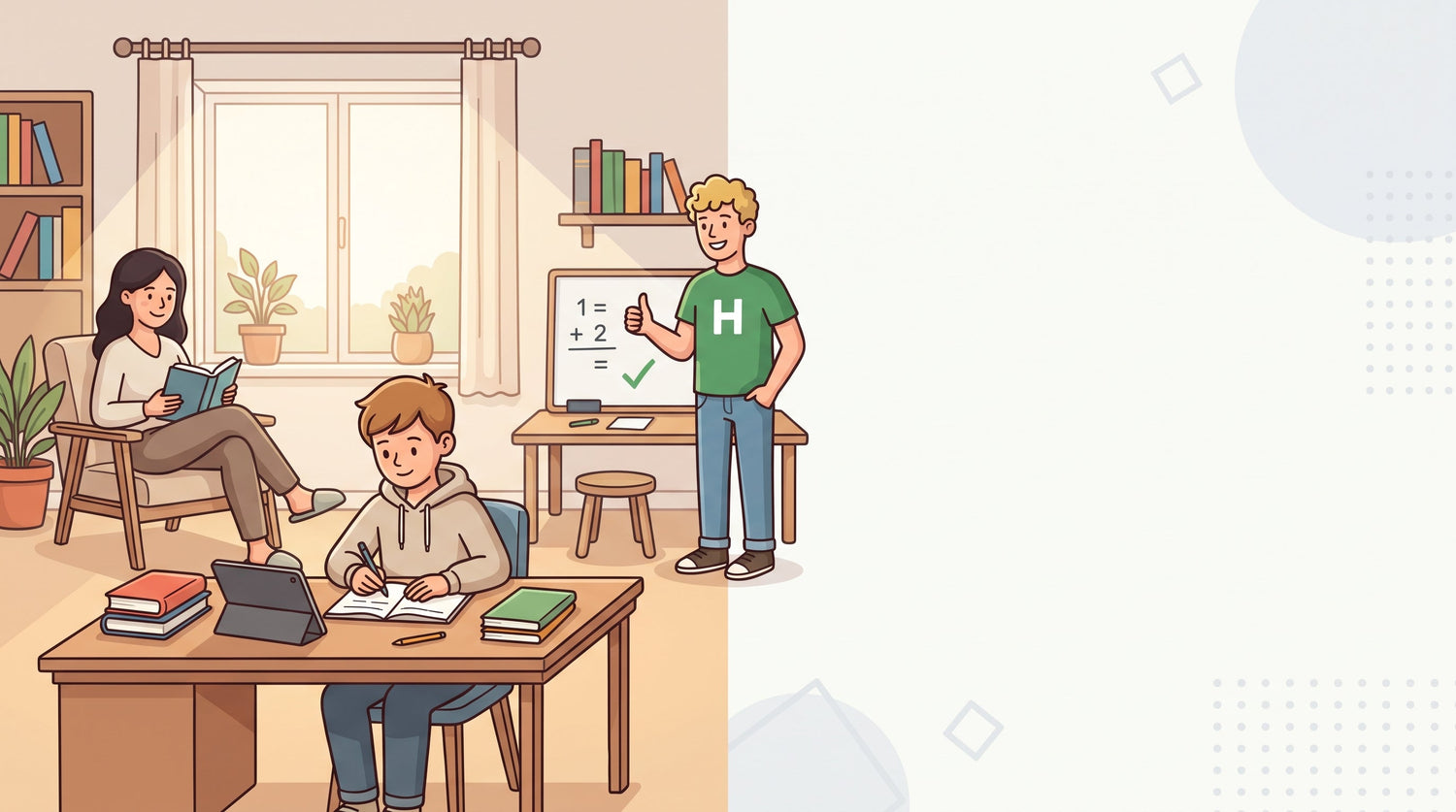 Kind lernt selbstständig am Schreibtisch, die Mutter sitzt entspannt im Hintergrund