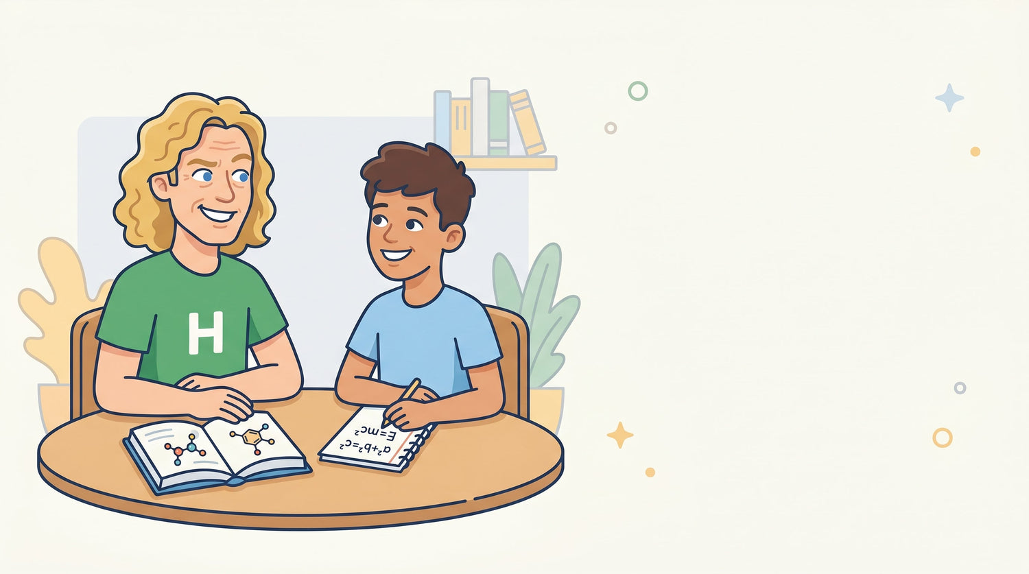 Nachhilfelehrer und Jugendlicher arbeiten gemeinsam an einem Chemie-Schulbuch und einem Mathe-Heft
