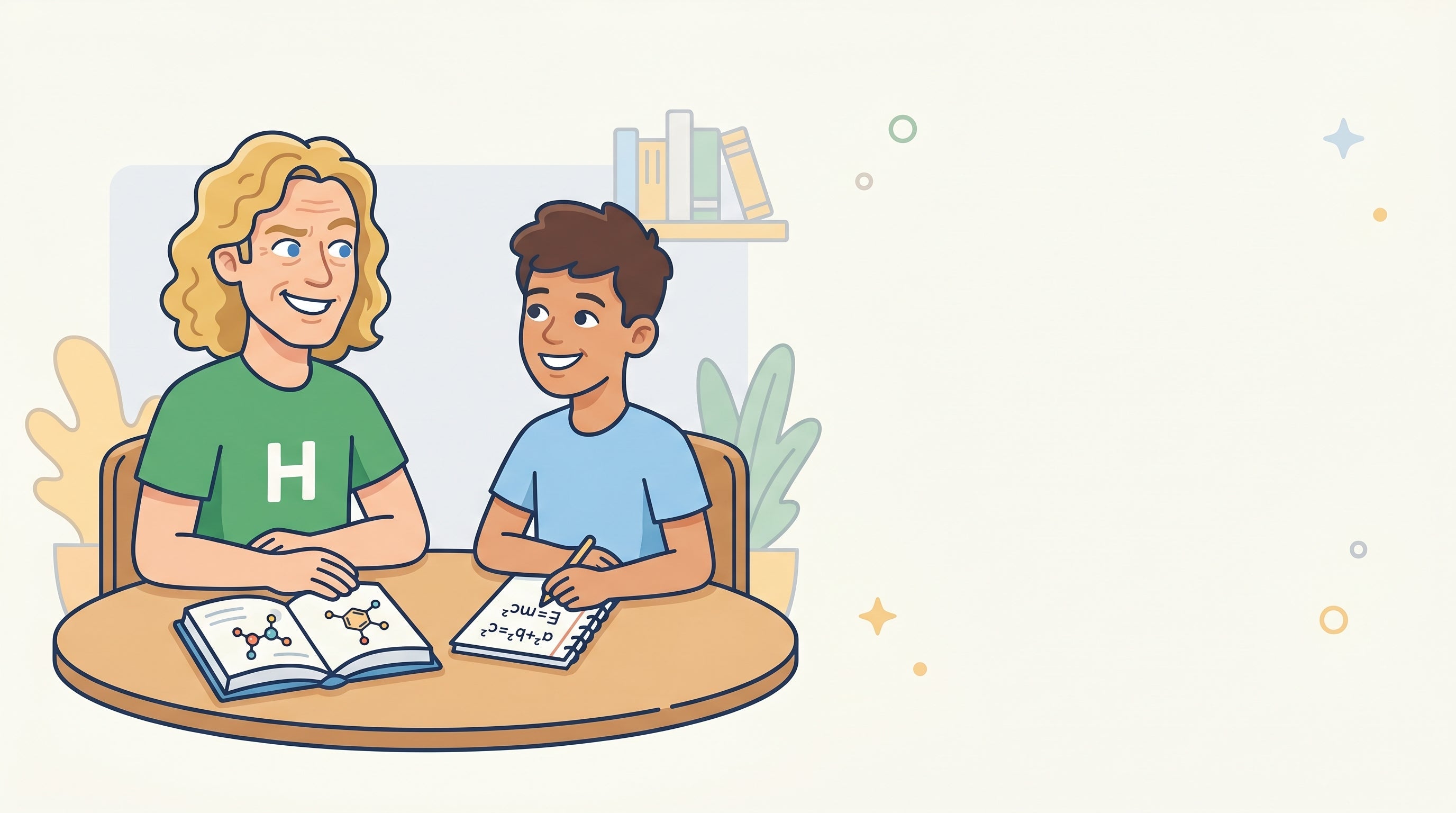 Nachhilfelehrer und Jugendlicher arbeiten gemeinsam an einem Chemie-Schulbuch und einem Mathe-Heft
