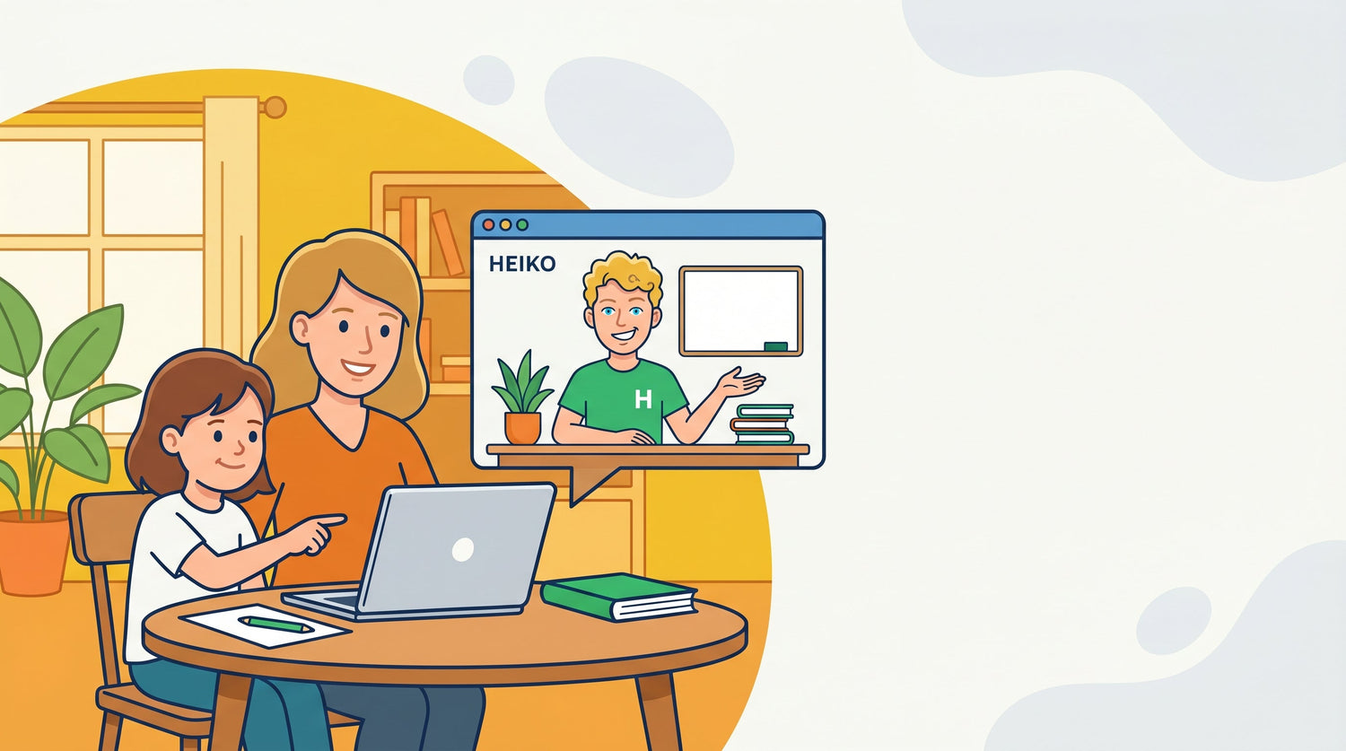Mutter und Kind bei Online-Nachhilfe am Laptop zu Hause im Videocall mit dem Nachhilfelehrer