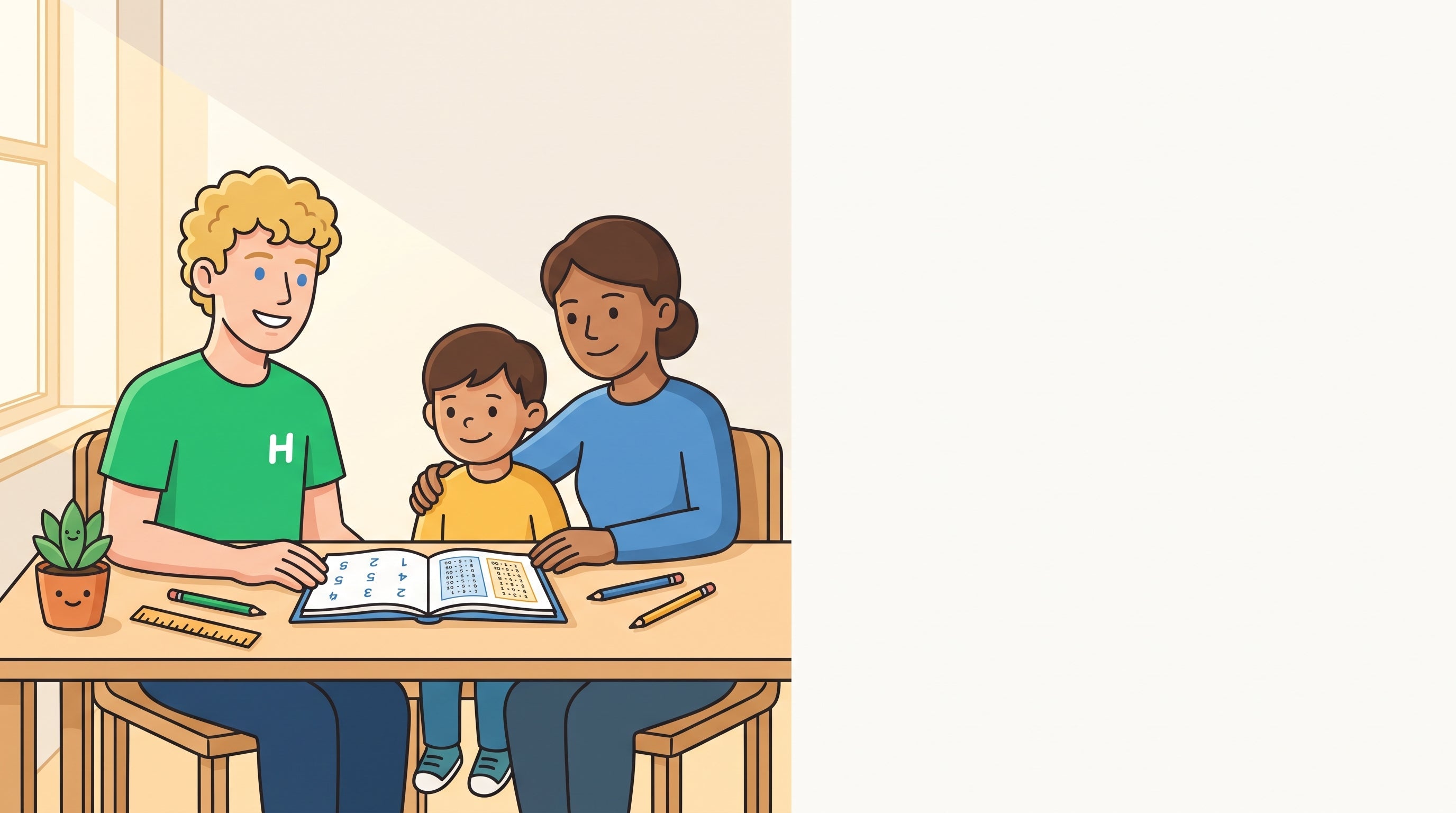 Nachhilfelehrer, Kind und Elternteil besprechen gemeinsam einen Nachteilsausgleich bei Dyskalkulie am Tisch