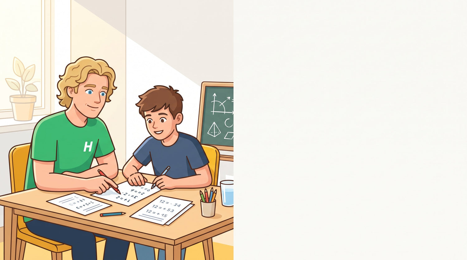Nachhilfelehrer erklärt einem Jugendlichen bei privater Mathe-Nachhilfe eine Aufgabe am Tisch
