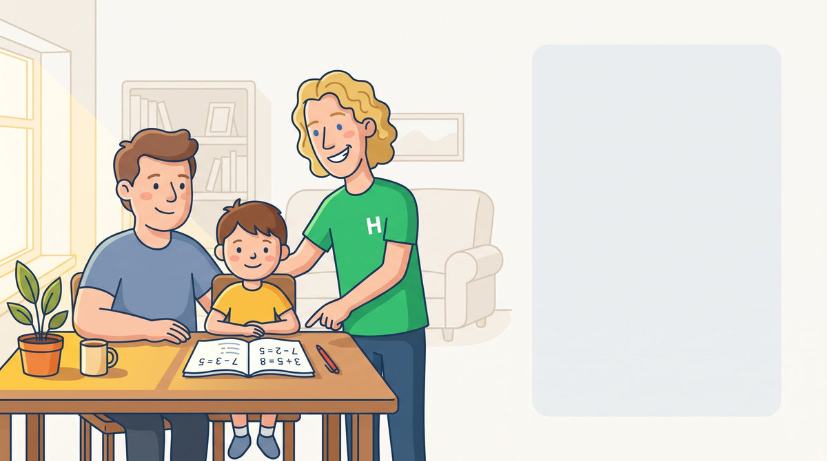 Elternteil sitzt neben Grundschulkind mit Matheheft und ordnet gemeinsam die Rechenschwierigkeiten ein