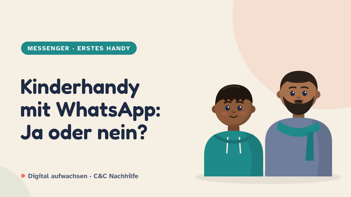 Titelbild: Kinderhandy mit WhatsApp, Vater und Sohn im Kurs-Look