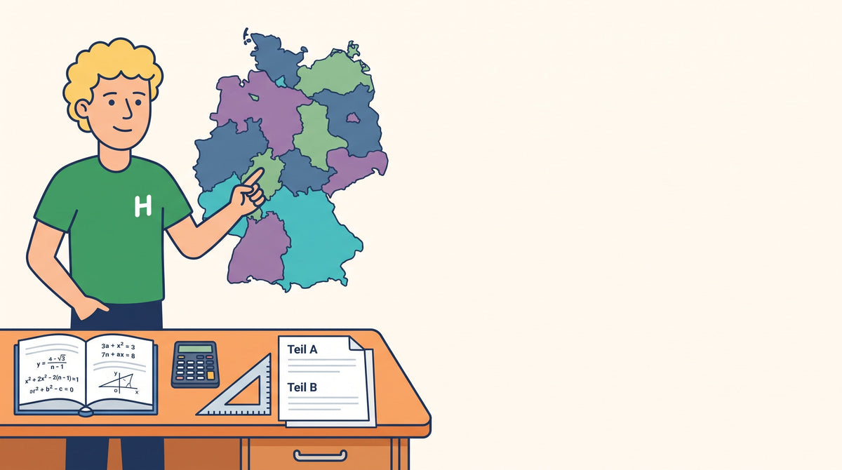 Heiko zeigt auf eine Deutschlandkarte mit den 16 Bundesländern, davor ein Tisch mit Formelsammlung, Taschenrechner und einem Prüfungsbogen mit Teil A und Teil B