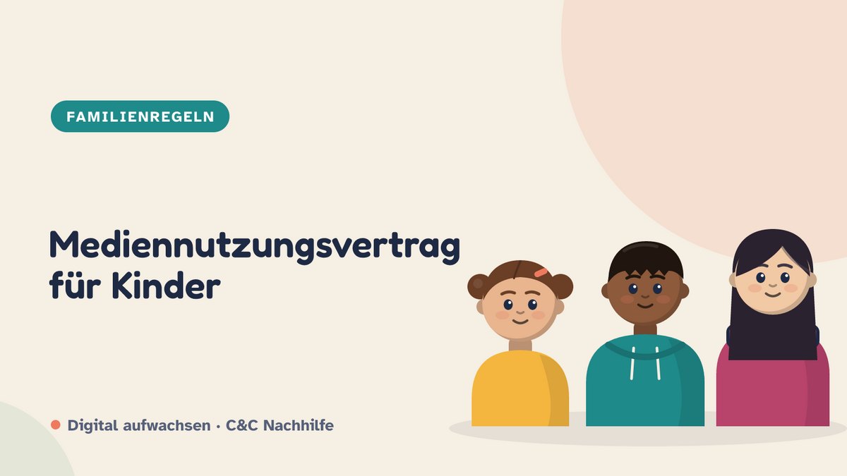 Titelbild: Mediennutzungsvertrag für Kinder. Drei Kinder im Kurs-Look