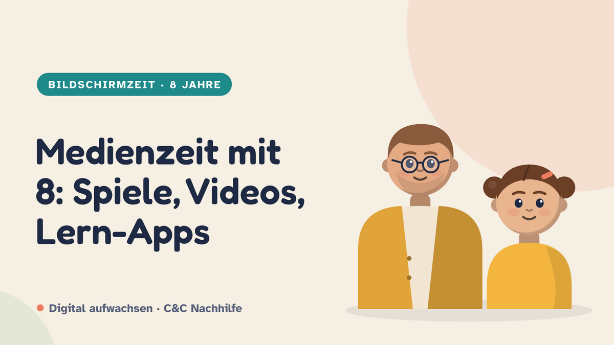 Titelbild: Medienzeit mit 8 Jahren, Spiele, Videos und Lern-Apps im Vergleich, Vater und Kind im Kurs-Look