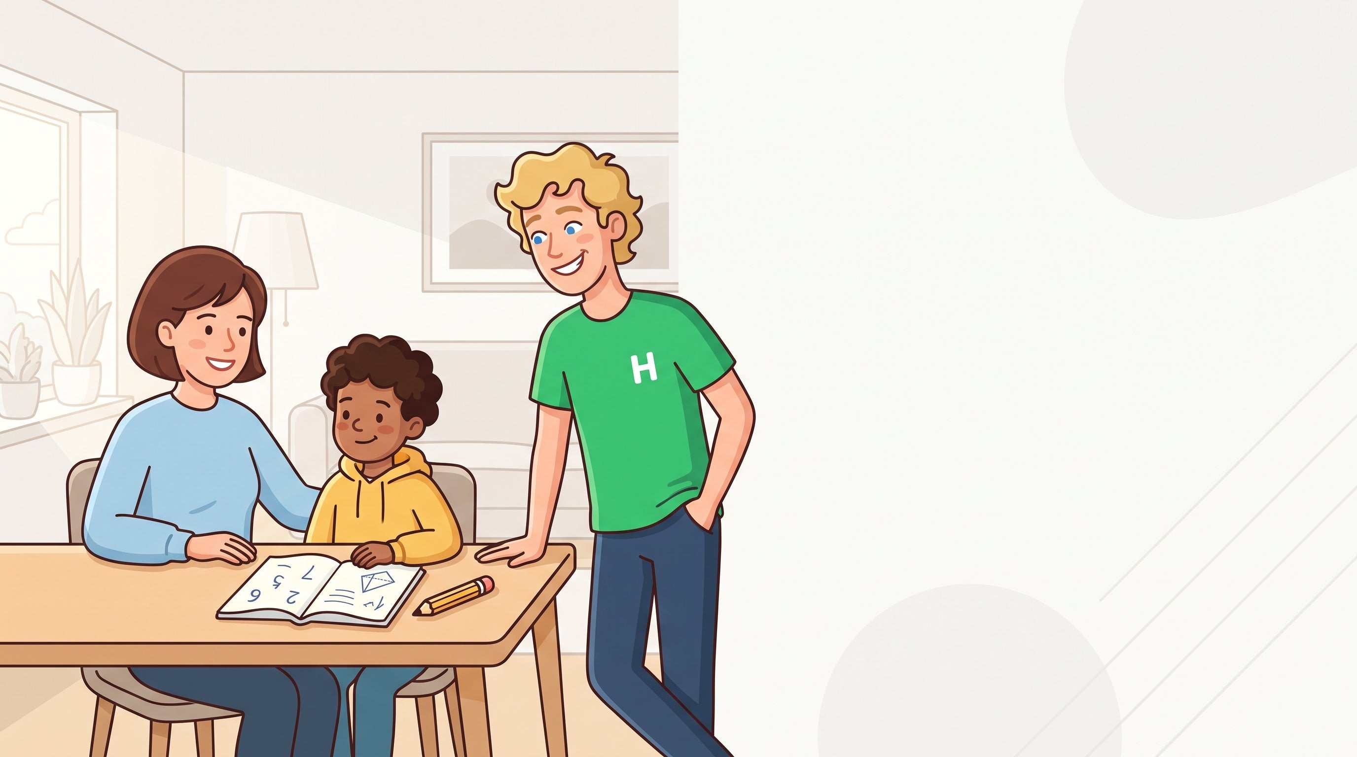 Elternteil hilft ruhig und ohne Druck einem Kind beim Mathe-Lernen am Schreibtisch