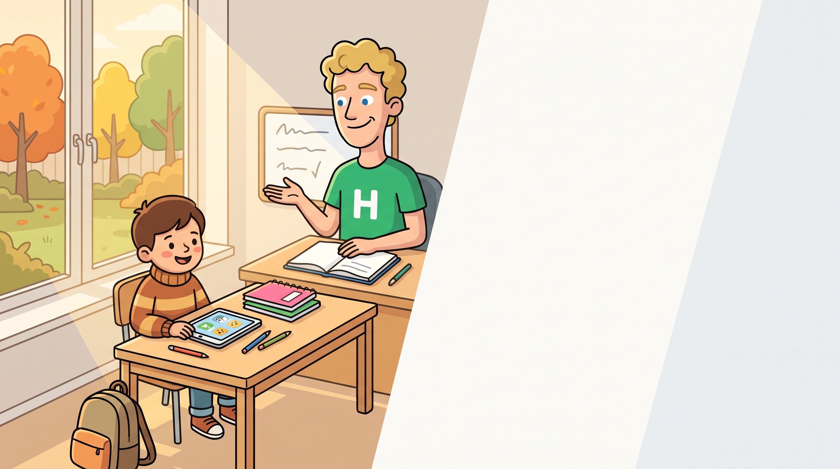 Kind startet nach den Sommerferien mit Heften am Schreibtisch ins neue Schuljahr, im Hintergrund ein ruhiger Nachhilfelehrer