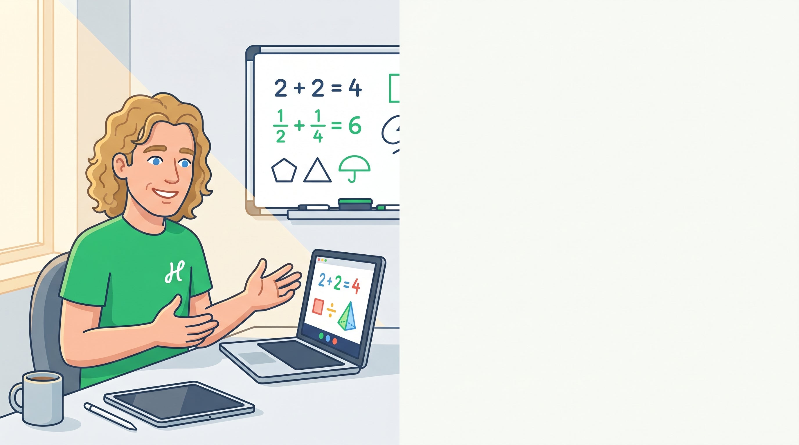 Nachhilfelehrer gibt zu Hause am Laptop eine freundliche Online-Mathe-Nachhilfestunde