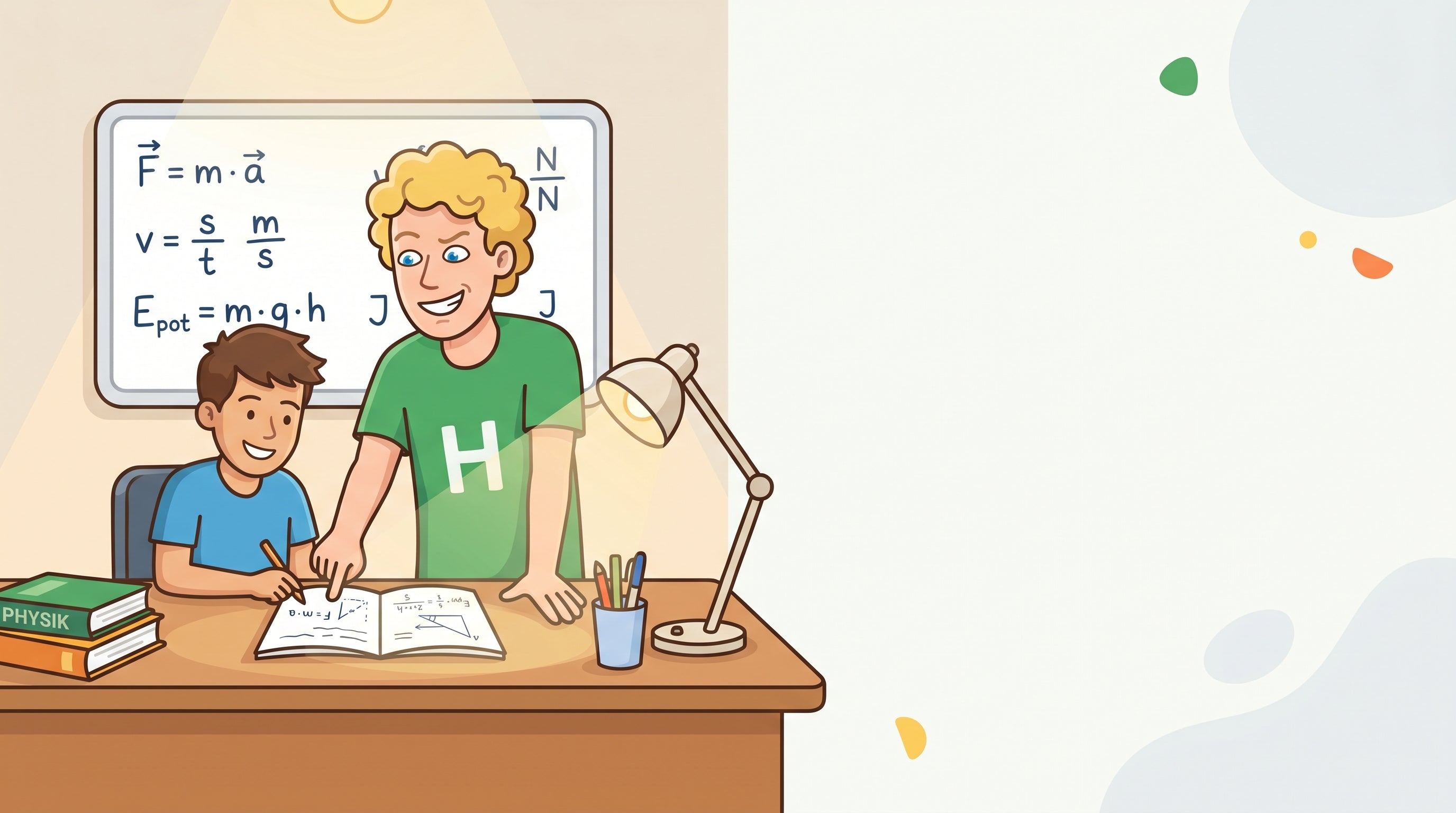 Nachhilfelehrer erklärt einem Jugendlichen Physik anhand von Formeln an der Tafel